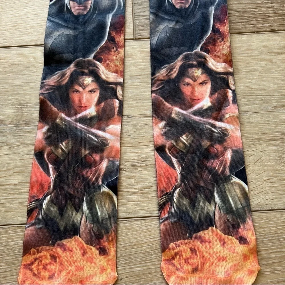 𝅺superhero Knee socks, size 16, Superman Batman Wonder Woman, blue red orange.